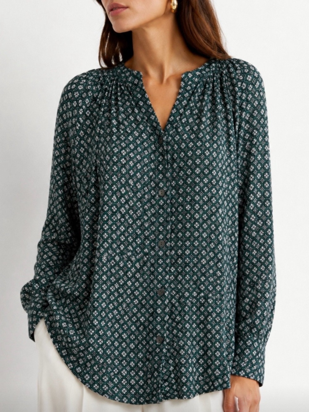 J. JILL Dark Teal Printed Button-Front Blouse Size XL